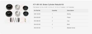 K71-081-00: Brake Cylinder Rebuild Kit  Fits Dexter 12-1/4 x 3-3/8", 12-1/4 x 4", 12-1/4 x 5" brakes; 1-1/4" diameter.  BP16-050