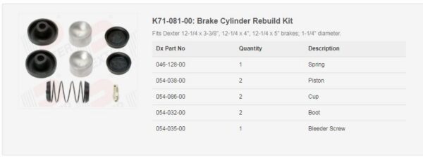 K71-081-00: Brake Cylinder Rebuild Kit Fits Dexter 12-1/4 x 3-3/8", 12-1/4 x 4", 12-1/4 x 5" brakes; 1-1/4" diameter. BP16-050